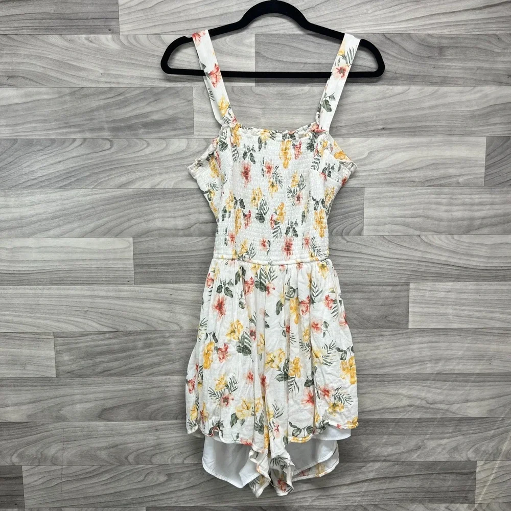Hollister Romper Dress Women's Large Ivory Floral Cut Out‎ Back Smocked Front - Picture 5 of 16